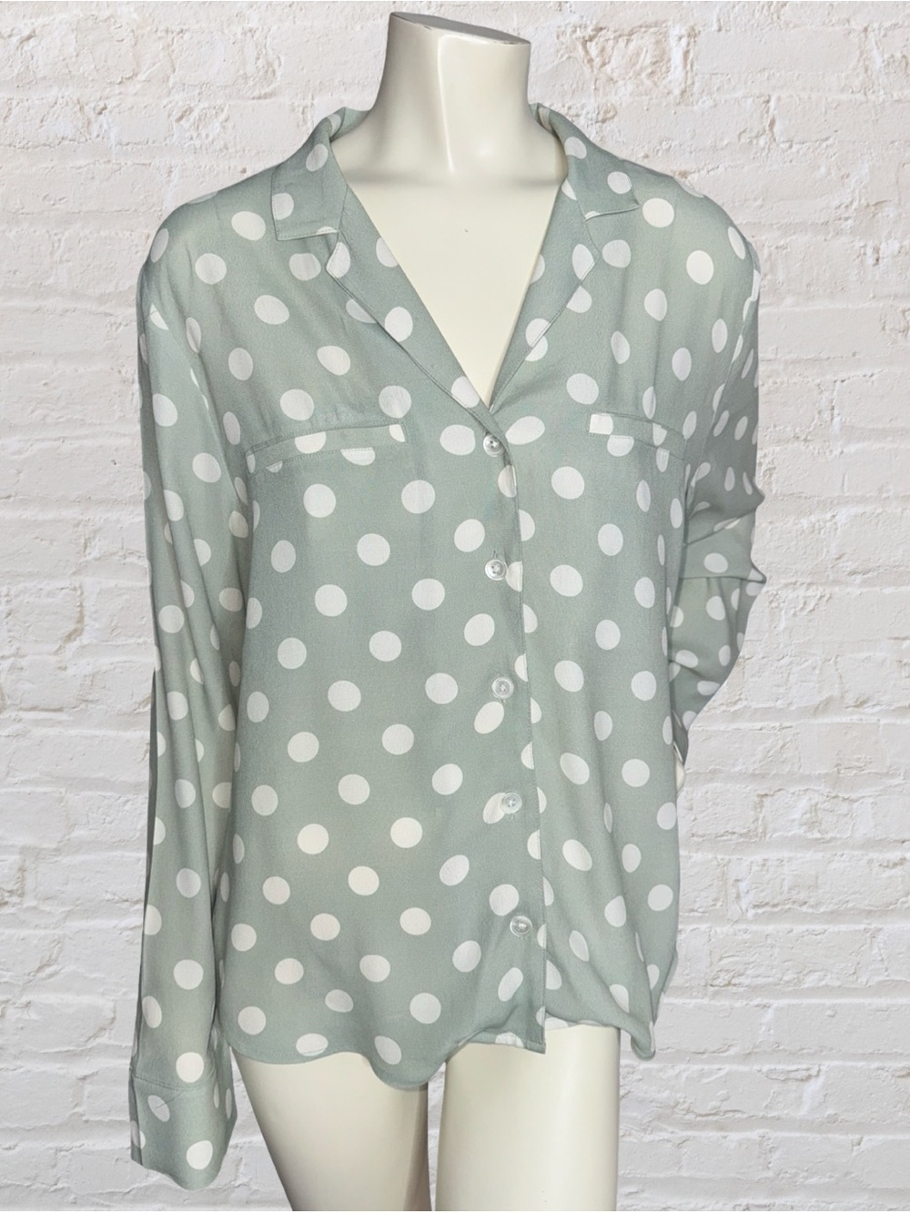 Capulet Clothing Mint Sage Green Polka Dot Button Down Blouse Extra Long Sleeves